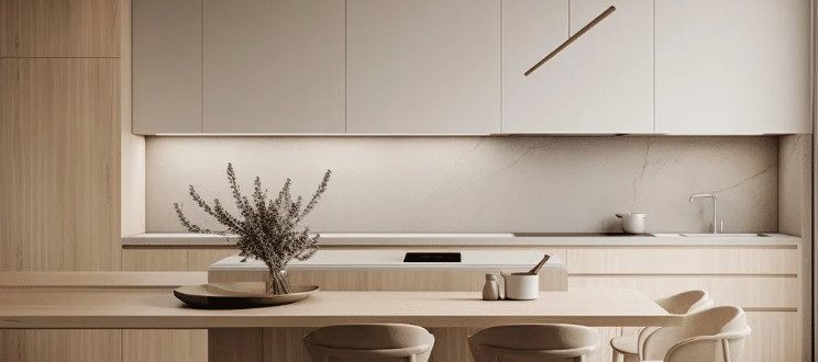 Тёплый минимализм на кухне: спокойные цвета, натуральные фактуры и скрытое хранение