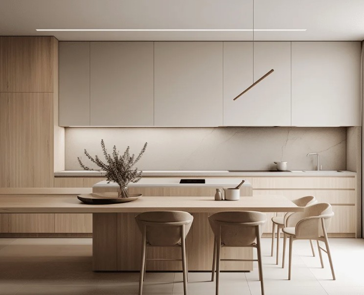 Тёплый минимализм на кухне: спокойные цвета, натуральные фактуры и скрытое хранение